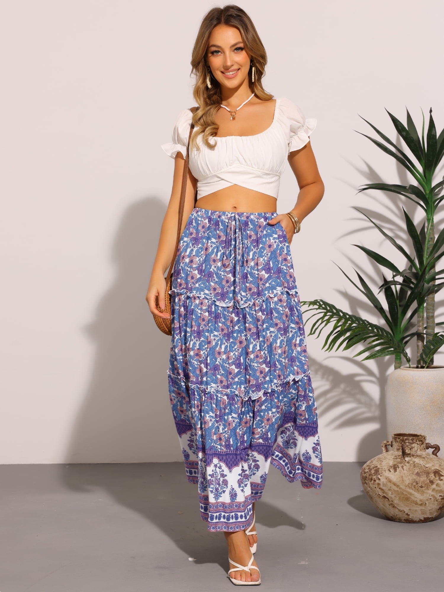 DARING DIVA Women's Floral Ruffle A Line Tiered Maxi Skirts L Blue Purple