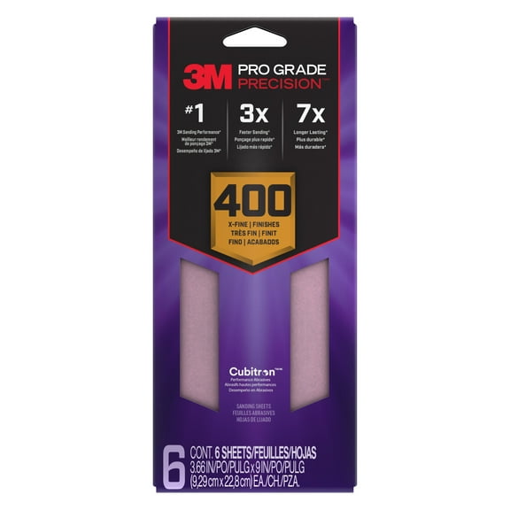 3M Pro Grade Precision Sandpaper, No-Slip Grip Backing, 3 2/3 in x 9 in, 400 Grit, 6 Sheets