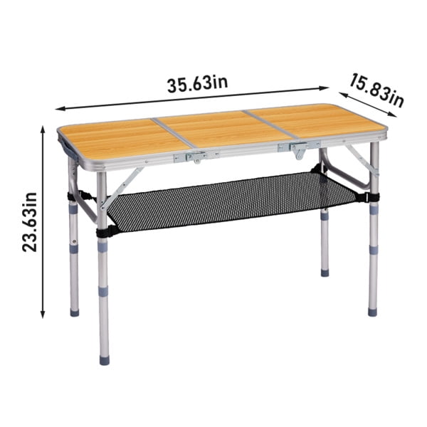 Wooden Pattern Folding Camping Table with 3 Height Settings & Mesh Storage Shelf, 110lb Capacity Portable Table for Outdoor Dining & Activities