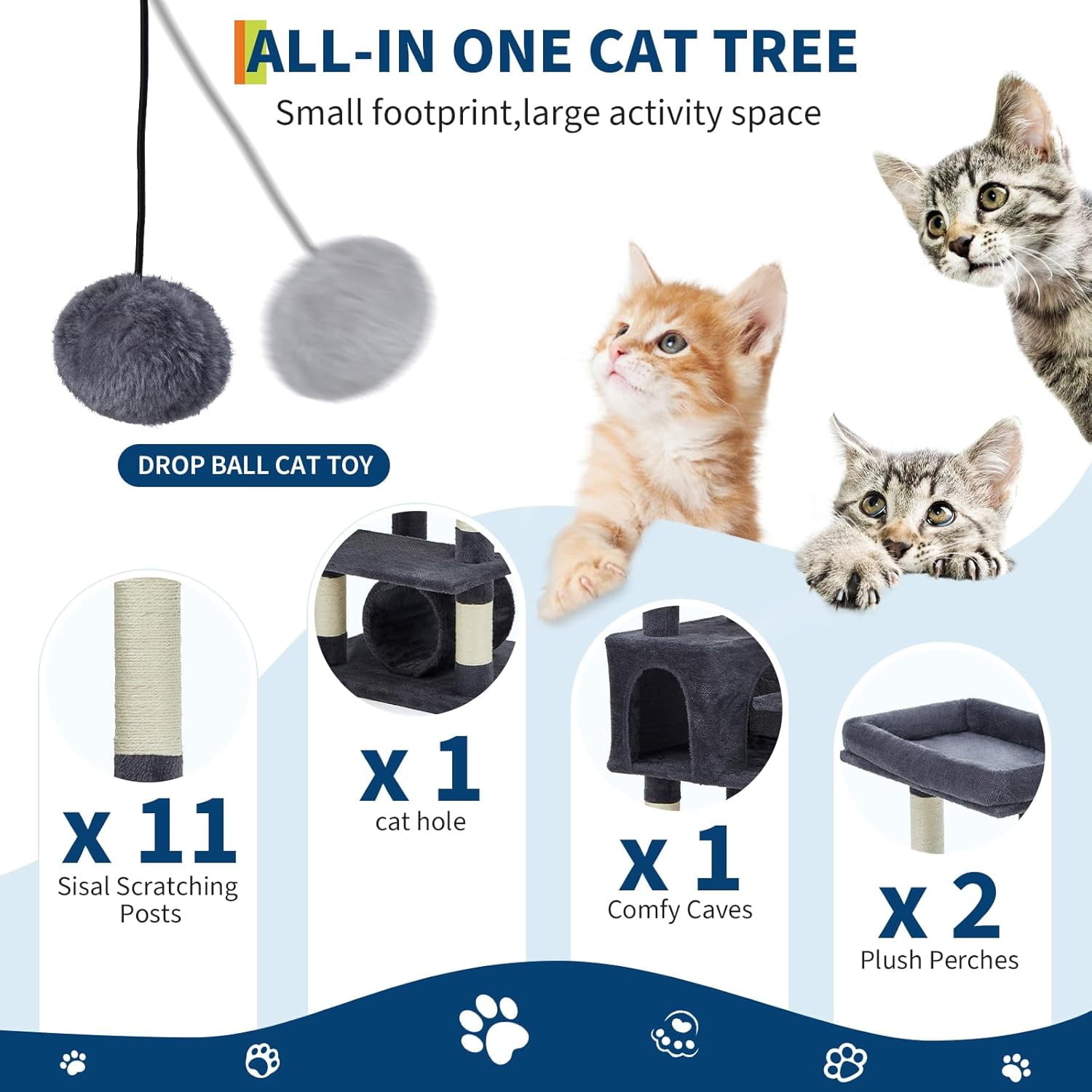 Historyli Large Cat Tree for Big Cats-74Inch Multi-Level Tower with Scratching Posts,Condo,Perches,Hammock,Tunnel & Feeding Station-Dark Gray