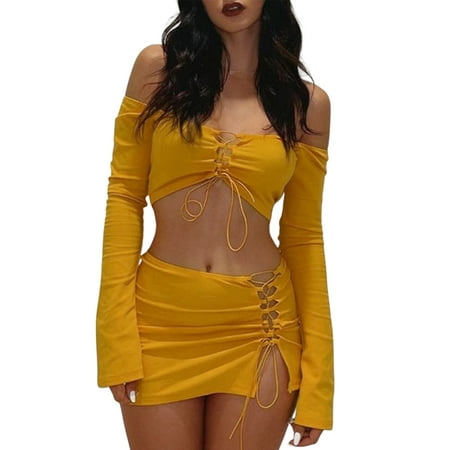 

Nokpsedcb Autumn Women Elegant 2PCS Set Lady Off Shoulder Hollow Crop Top Lace Up Mini Solid Skirt Streetwear Orange M