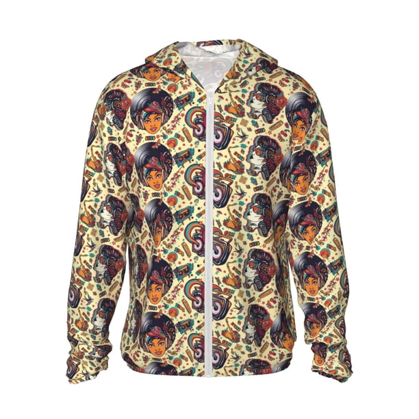 Balery Fashion Hippie Girl Sudadera ligera de manga larga con capucha y protección solar UPF 50+ para hombre y mujer, ideal para pesca y running-3X-Large