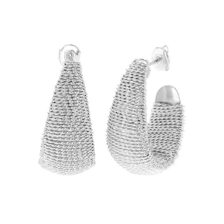 Braid Silver Earrings - Silver Plated Wire Wrapped Braided Mesh Exotic Half Hoop Womens Earrings