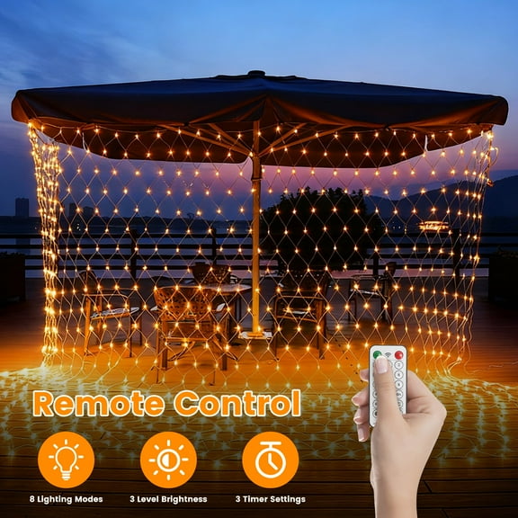 192LED Solar Christmas Net Lights with 8 Modes Remote Timer, Outdoor Waterproof Mesh String Lighting, for Bush Holiday Party Garden Patio Decoration