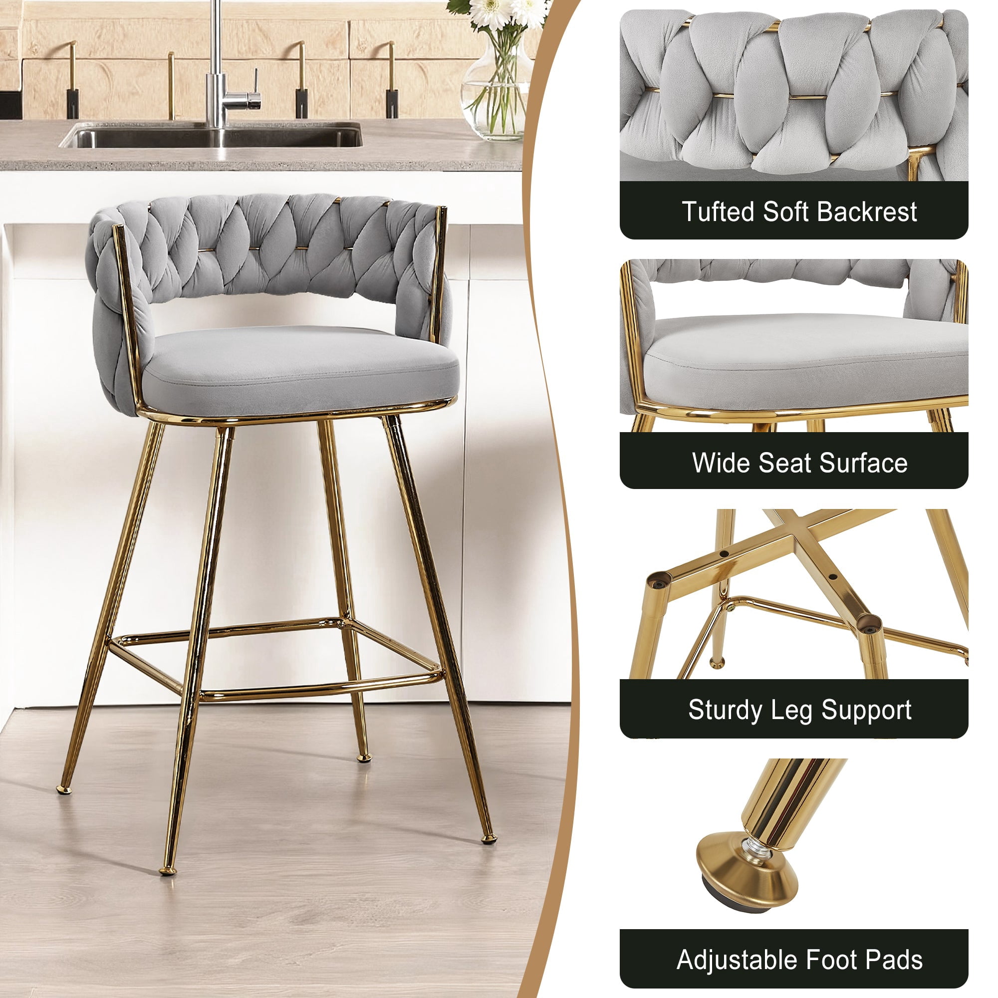 VECELO Modern Braided Bar Stools Set of 4 – Velvet Counter Height Stools with Woven Back Support & Footrest, Heavy-Duty Metal Frame Bar Chairs for Kitchen Island,Grey