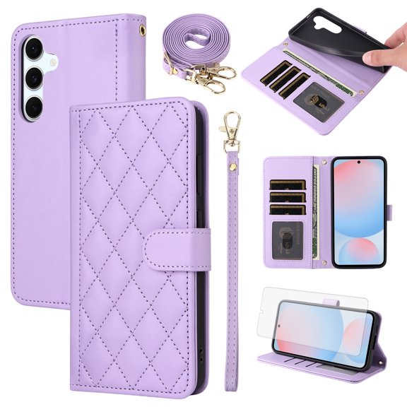 Furiet Argyle Wallet Case for Samsung Galaxy S24 FE 5G & Tempered Glass Screen Protector Wrist/Shoulder Strap, Card Slot Luxury PU Leather Stand Phone Cover for S 24 EF AI S24FE 24S Women Men Purple