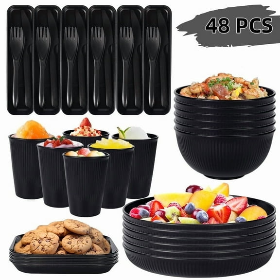 Wheat Straw Dinnerware Set (48PCS), Unbreakable Tableware Set Dishwasher & Microwave Safe Eco-Friendly Reusable Dinner Dessert Plates, Bowls, Mugs, Cutlery (Black)