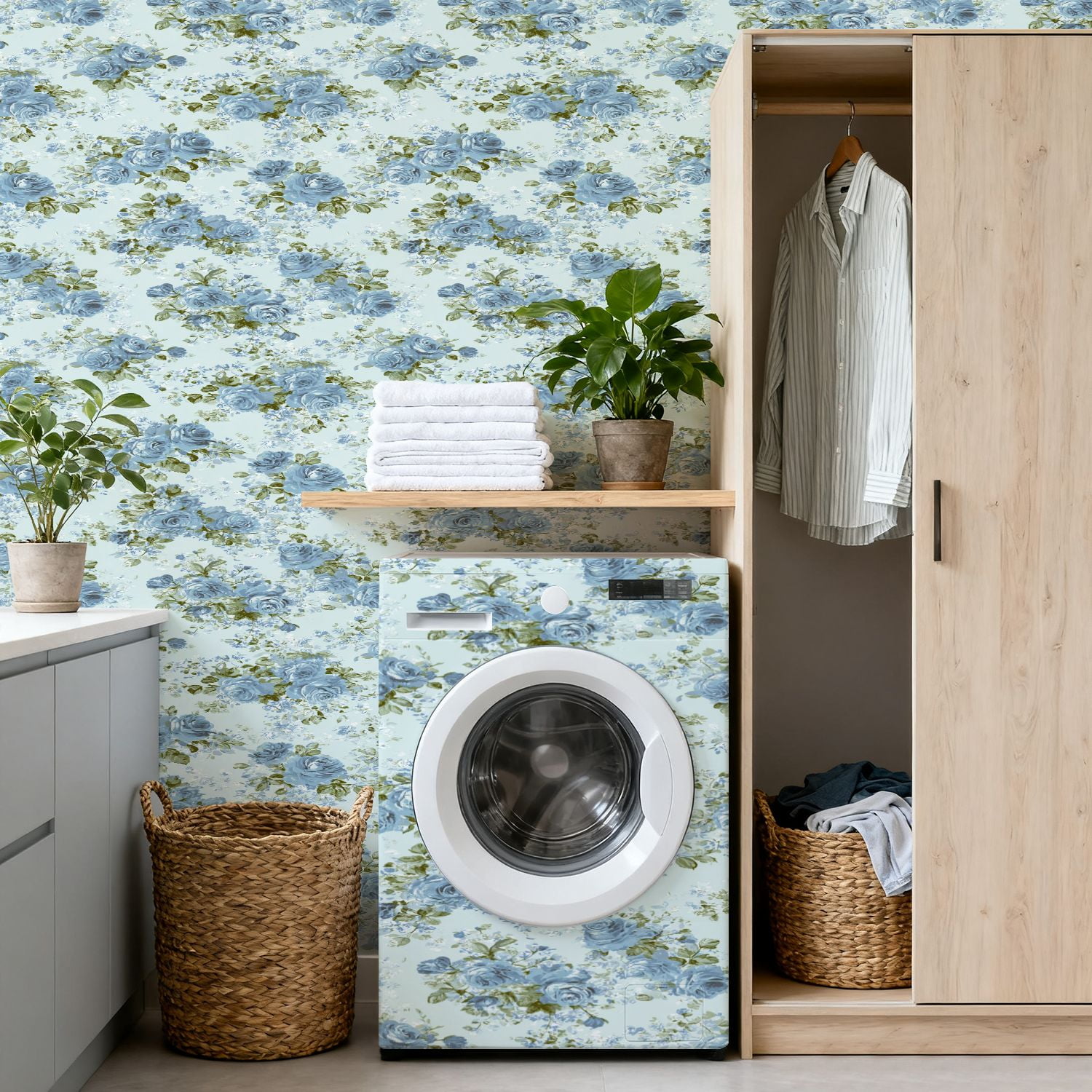 Flower Peel and Stick Wallpaper 17.7in x 9.8ft Blue Rose Floral Soft Green Accents Light Contact Paper Vinyl Waterproof Self Adhesive Wall Paper for Bedroom Shelf Cabinet Renter Friendly