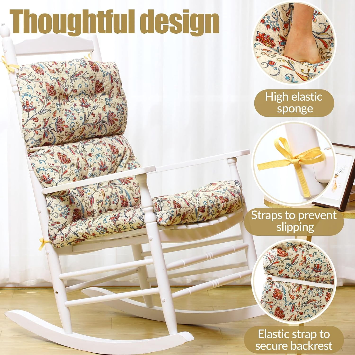 2 Pack High Back Outdoor Chair Cushions Bulk Waterproof Indoor Outdoor Chair Cushion Seat and Back Rocking Chair Cushion Thickened Patio Chair Pad for Indoor and Outdoor (Floral)