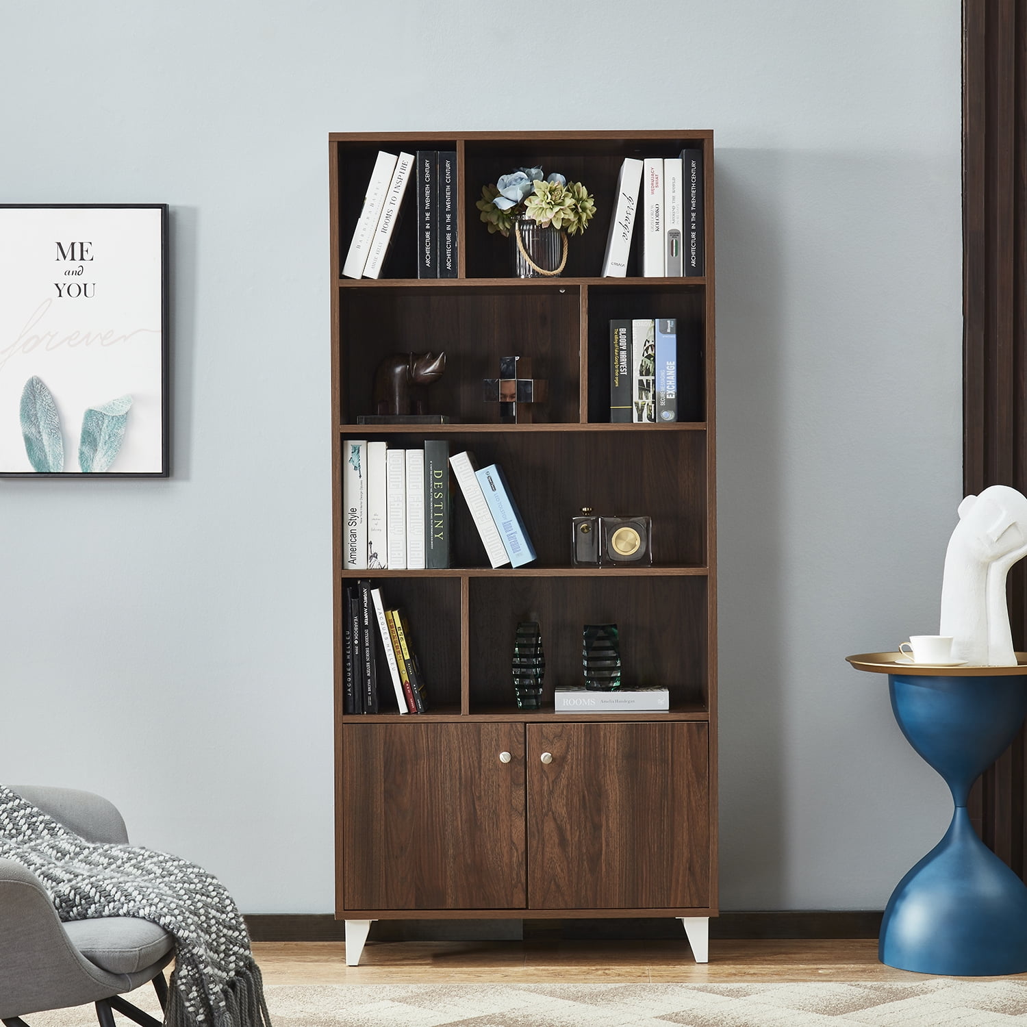 Private Jungle Modern Bookcase with 2 Doors 68" Tall Storage Wooden
