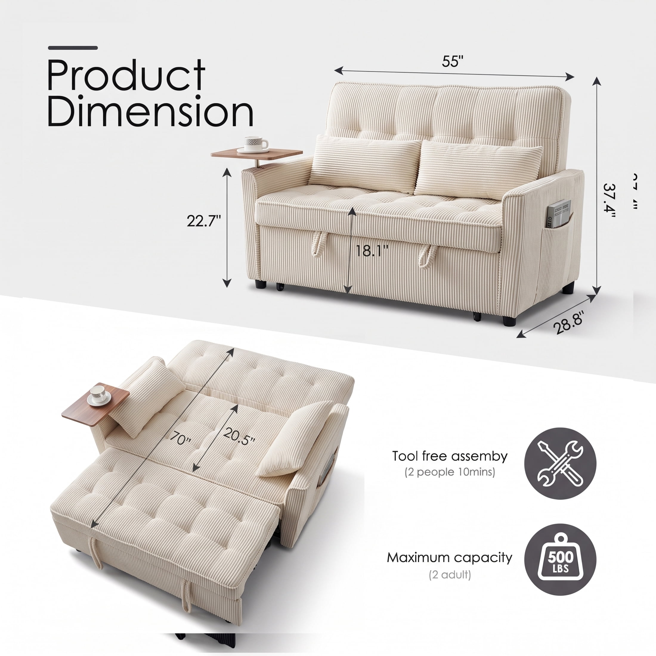 AISWORD 55" 3-in-1 Convertible Sleeper Sofa Bed, Pull Out Loveseat Couch with Side Tray Table & USB Charging Port, Adjustable Backrest Sofa for Apartment, Bedroom, Office, Beige