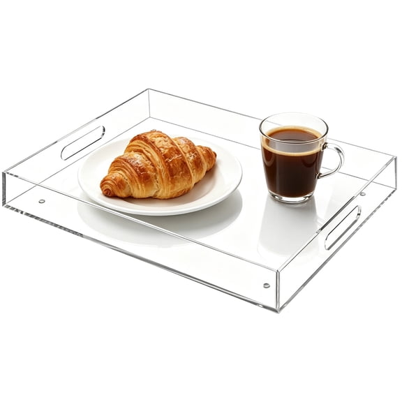 Acrylic Serving Tray with Handles, 16 x 12 in Clear Rectangular Tray, Large Organizer Tray with Raised Edges and Non Slip Pads, Food Serving Tray for Kitchen, Bathroom, Coffee Table