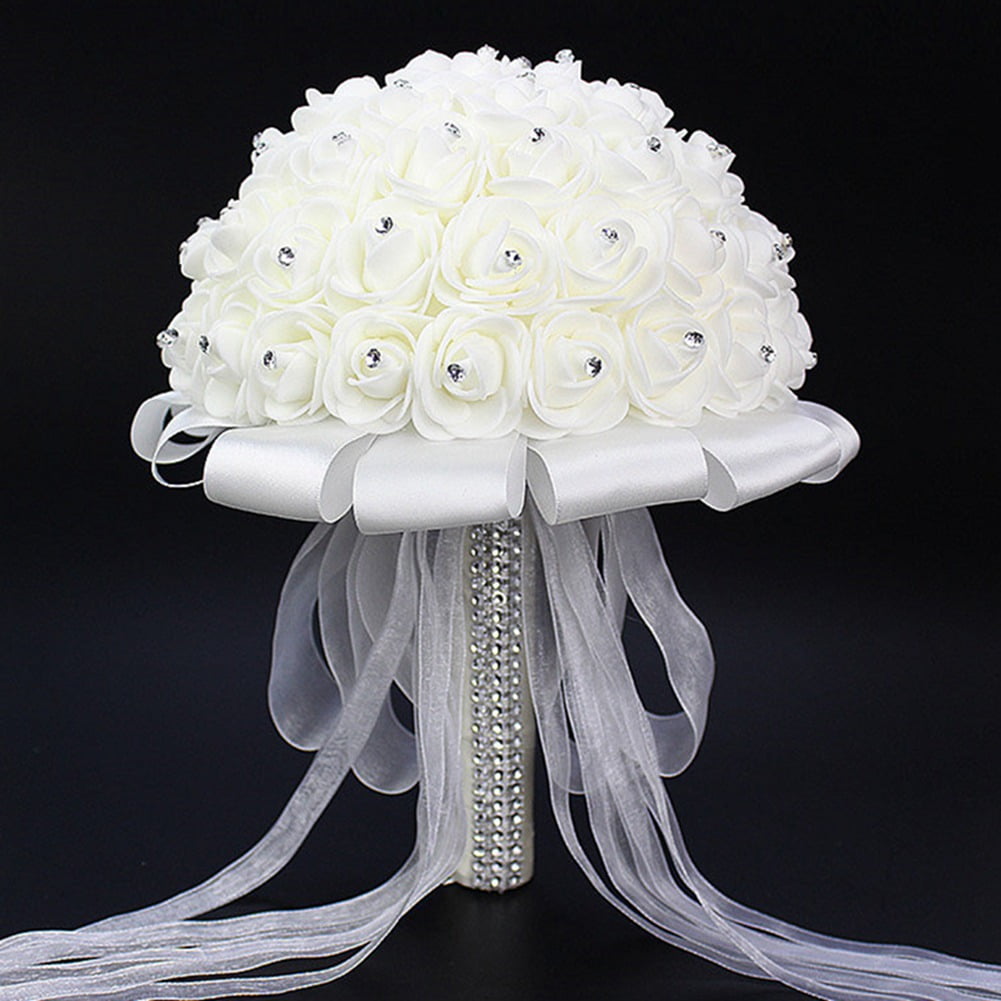 Wedding Bouquet Artificial Flowers & Removable Handle 9 x 12 in White & Sliver 