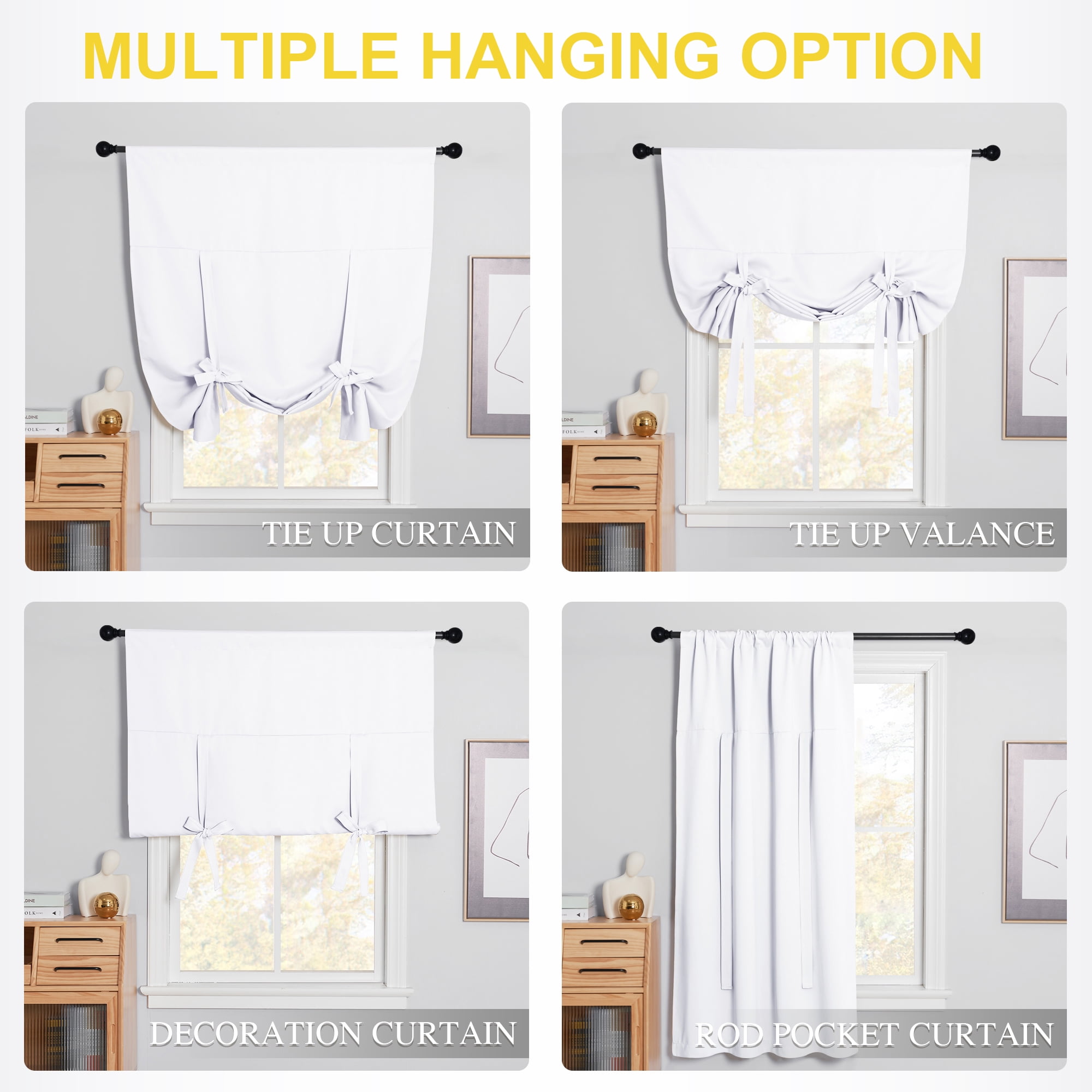 NICETOWN Tie Up Shade Modern White Solid High Shading Kitchen Blackout Curtains, 46" x 63"
