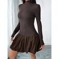 thumbnail image 4 of Women Long Sleeve Bubble Mini Dress Bodycon Mock Neck Casual Cocktail Club Party Dresses Brown S, 4 of 9