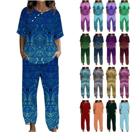JURANMO 2 Piece Womens Outfits 2025 Summer Casual Printed Plus Size Tops and Pocketed Tulip Pants Vacation Lounge Sets Blue L Vacation Sale