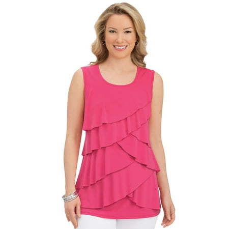 Dot Ruffle Tank Women's Tiered Ruffle Front Sleeveless Wide Strap Scoop Neck Tank Top, Medium, Coral ()