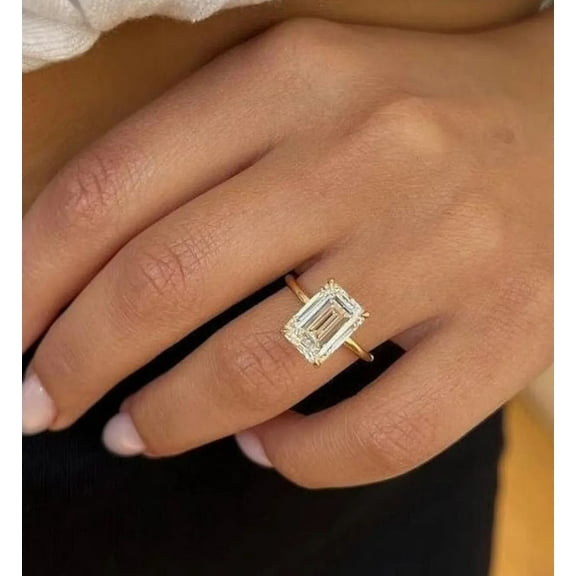Jewelerix 3 Carat Emerald Cut Moissanite Engagement Ring for Women, 10K Yellow Gold Vermeil, Large Solitaire Ring, 4-Prong Setting, Anniversary or Christmas Gift