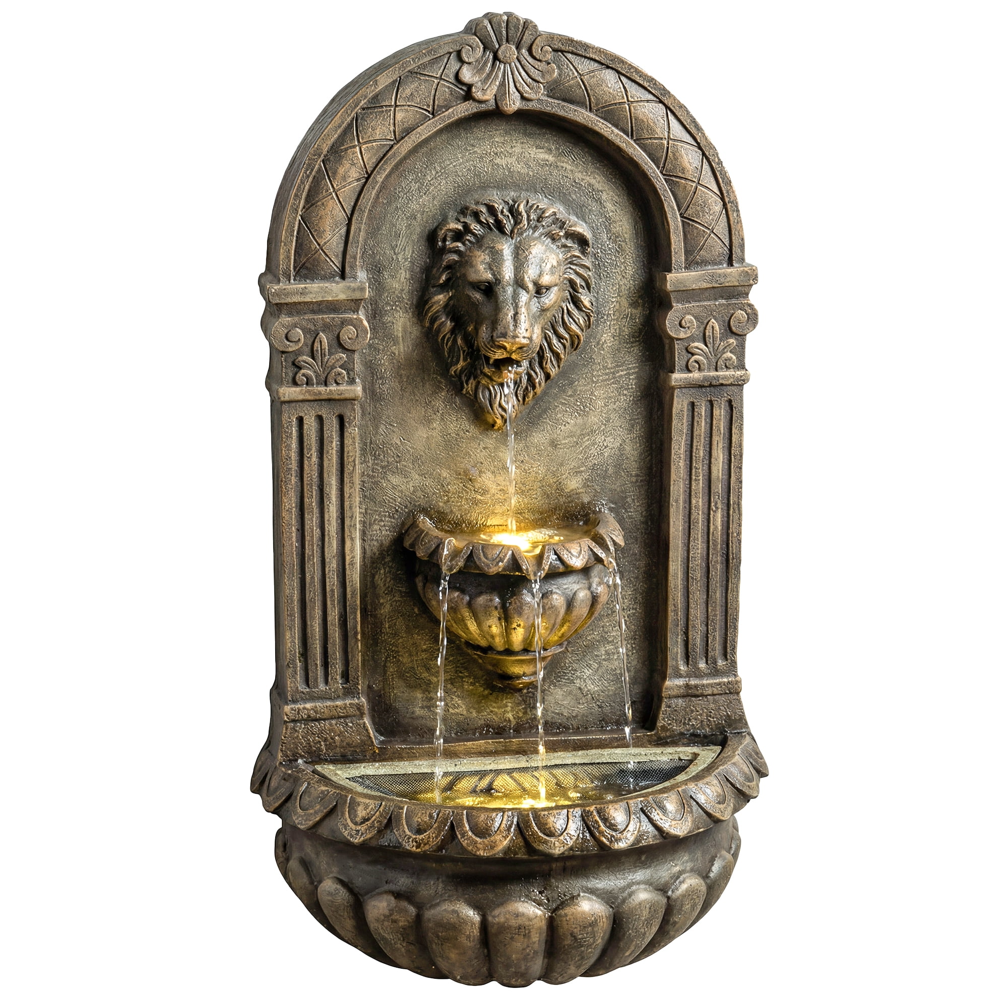 Outsunny 31" Wall-Mounted Outdoor Fountain, 3-Tier Cascading Waterfall Feature with LED Lights, Bronze