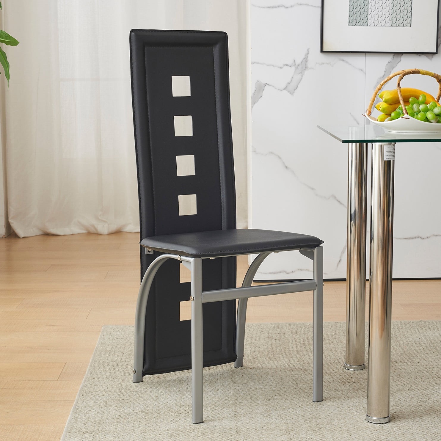 Ktaxon Modern 5 Piece Dining Table Set for 4, Glass Kitchen Table with 4 PU Padded Upholstered Chairs for Family Dinners, Breakfast, Black