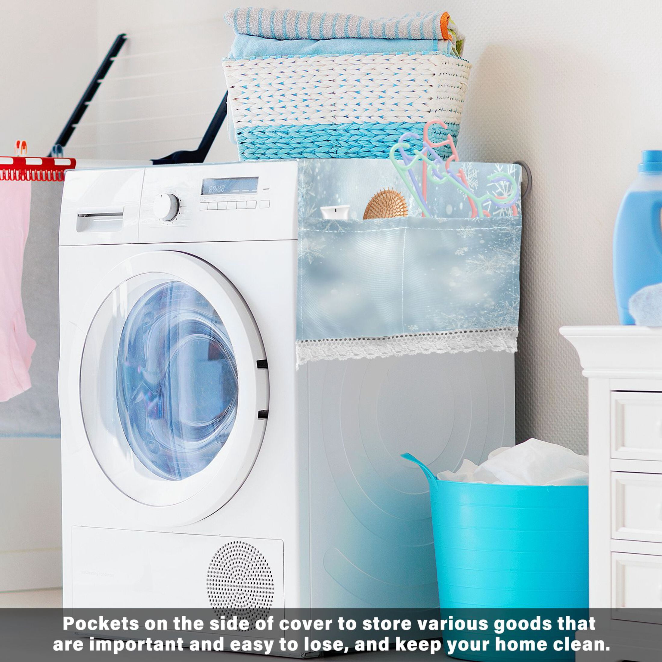 Light Blue Background with SnowflakesWasher and Dryer Covers Dust-Proof and Oil Resistant Fridge Cover with 4 Storage Pockets Washing Machine Top Cover for Laundry Kitchen Home 51.2 x 22 In