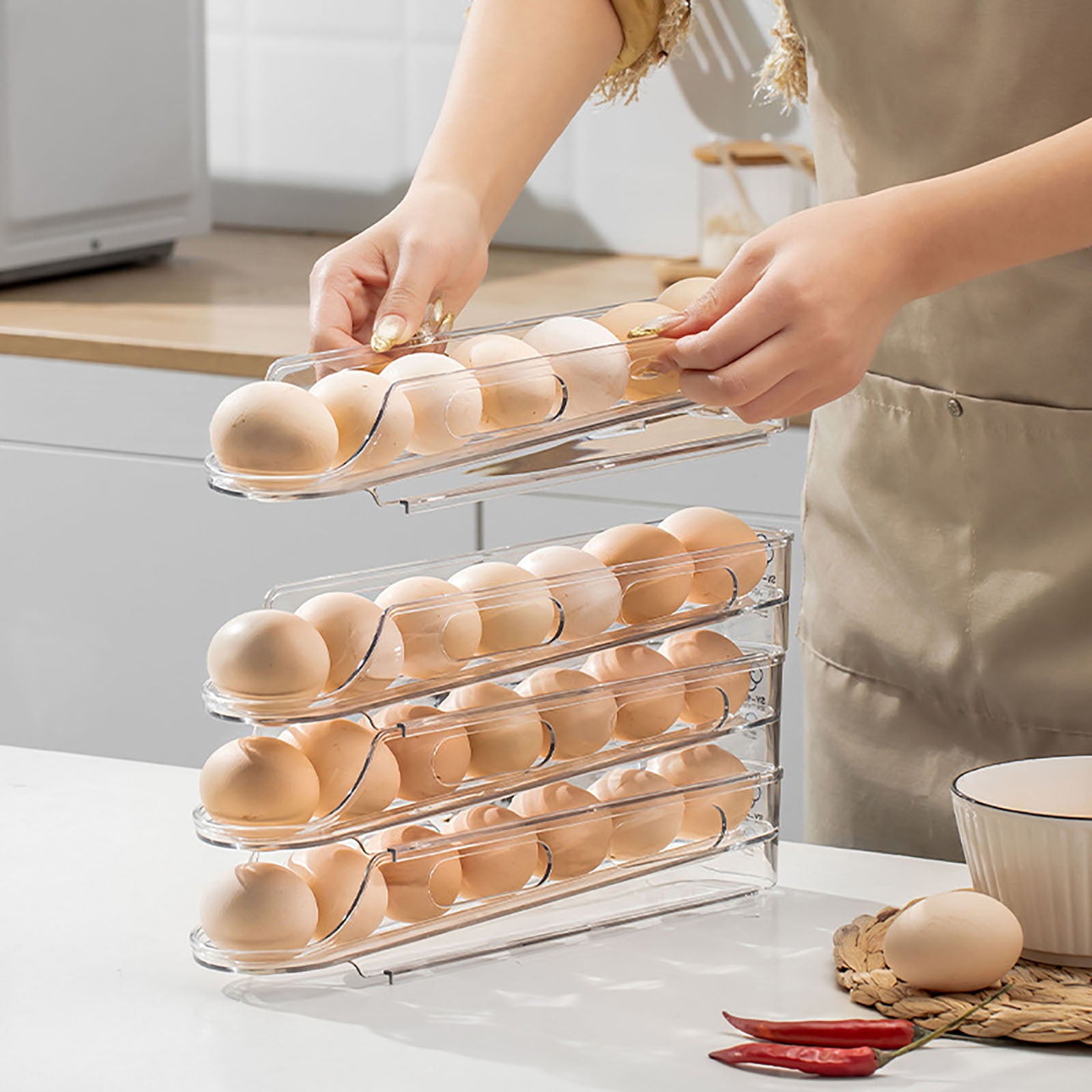 Djiypn Auto Rolling Refrigerator Egg Storage, Clear Egg Holder Tray for Refrigerator, Home Essentials Organization and Storage Box,7 Eggs Egg Holder,4PCS