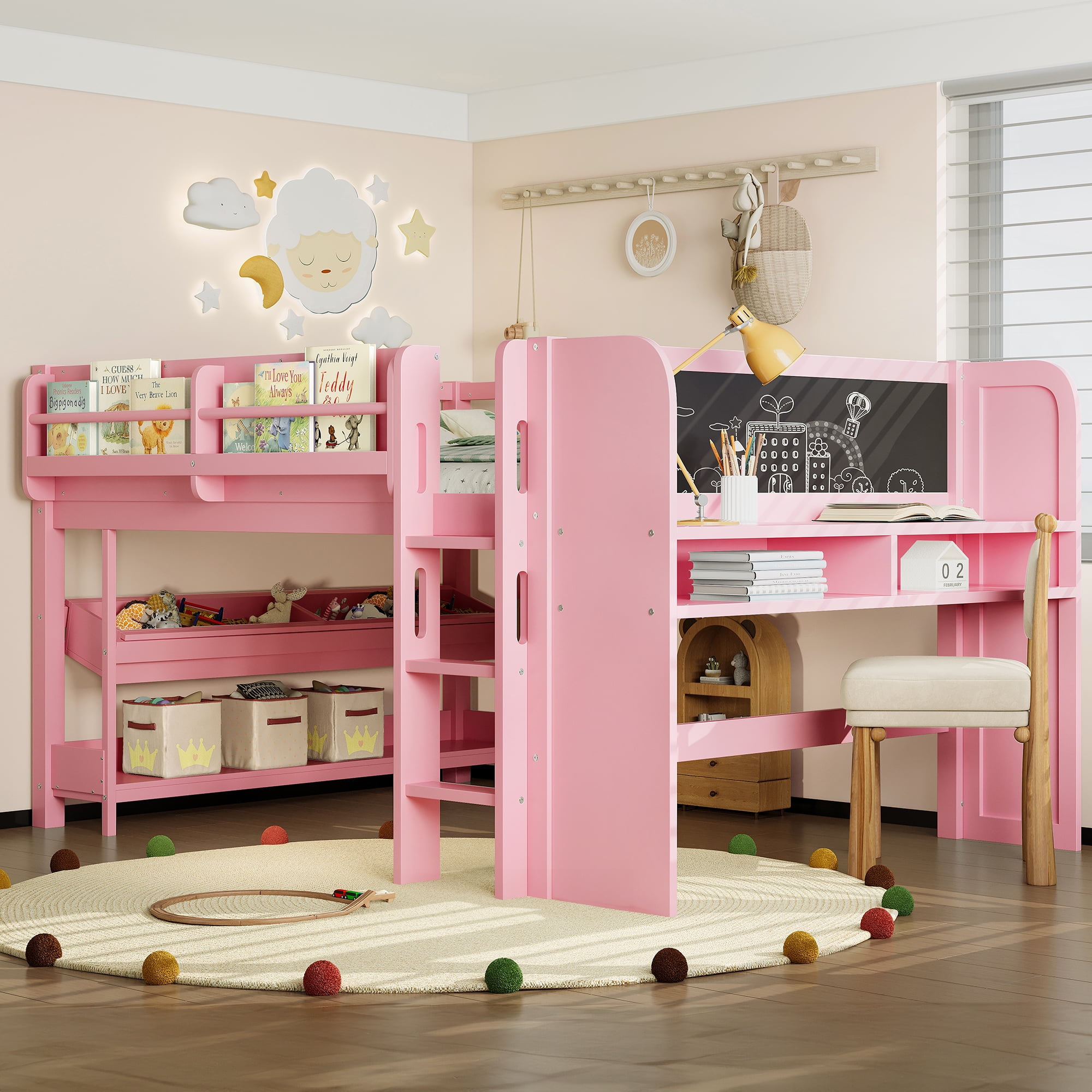Mintazer Full Low Loft Bed with Desk & Blackboard, Kids Loft Bed with Storage Drawers, No Spring Box Needed, Pink