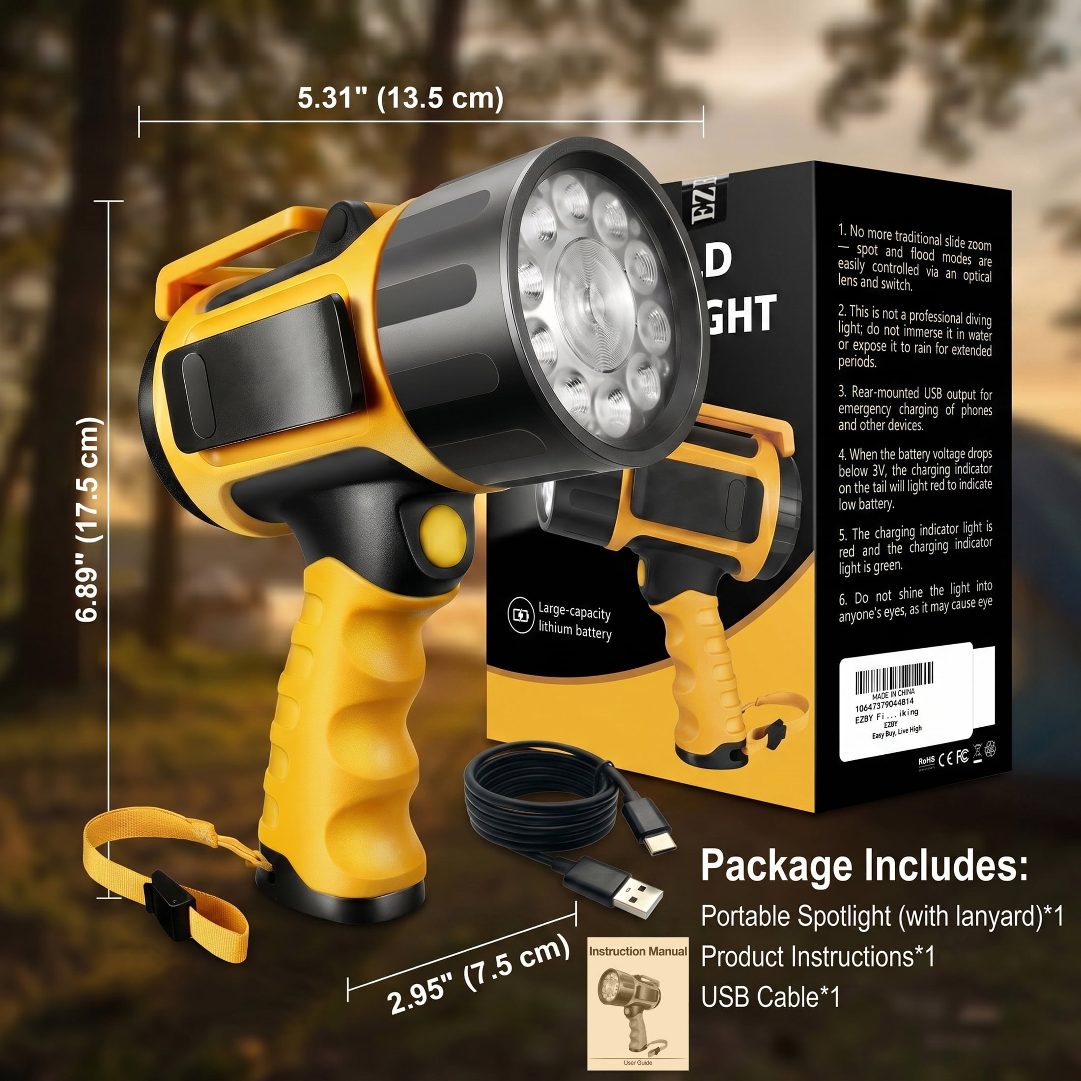 EZBY 150000 Lumens Rechargeable Flashlight, High Powered LED Handheld Spotlight,12800mAh Rechargeable Battery,USB Output Power Bank, Aluminum Alloy Body for Camping Outdoor Emergency Work