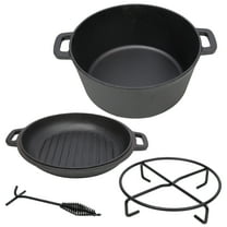 3 in 1 Pre-Seasoned Cast Iron Dutch Oven, Outdoor Camping Deep Pot, 5 Quart. Cover As A Skillet with Ribbed Bottom Design. With 1PC Iron Pot Rack, 1PC Lid Lifter.