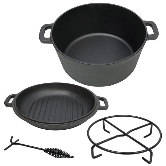 3 in 1 Pre-Seasoned Cast Iron Dutch Oven, Outdoor Camping Deep Pot, 5 Quart. Cover As A Skillet with Ribbed Bottom Design. With 1PC Iron Pot Rack, 1PC Lid Lifter.