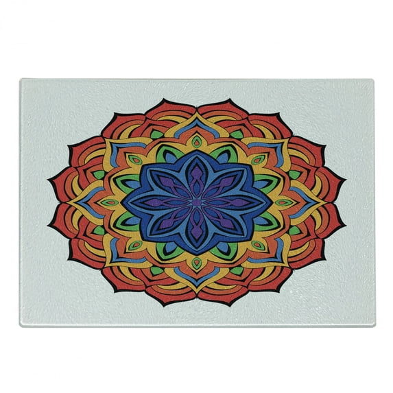 Rainbow Mandala Cutting Board, Cinnamon Flower Motif Bohemian Mandala Ornamental Exotic Middle East Design, Decorative Tempered Glass Cutting and Serving Board, Small Size, Multicolor, by Ambesonne
