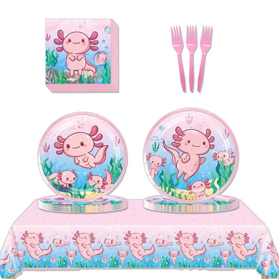 JMOCD 51Pcs Pink Axolotl Party Tableware Set, Birthday Party Supplies Decorations Set, tablecloth,Plates, Napkins,Cutlery,10 Guests