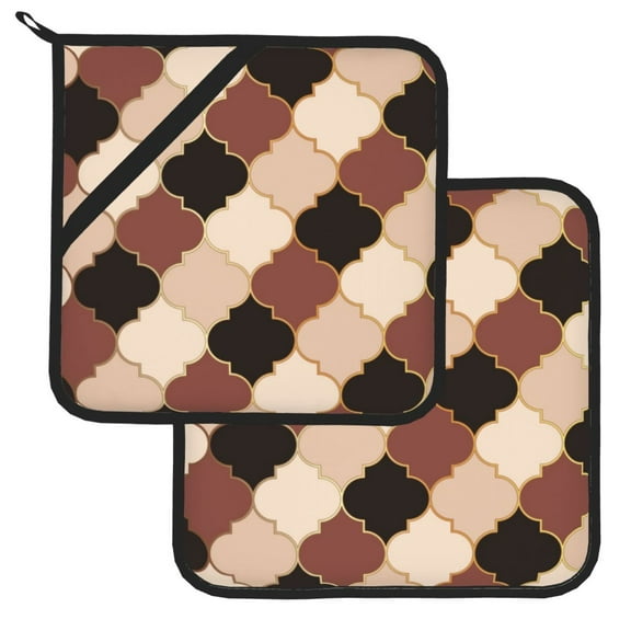 Kitchen Pot Holders Heat Resistant Oven Hot Pads With Hand Pockets And Hanging Loops For Baking Cooking 2 Pack 8'' X 8'' Moroccan Plaid Black Brown