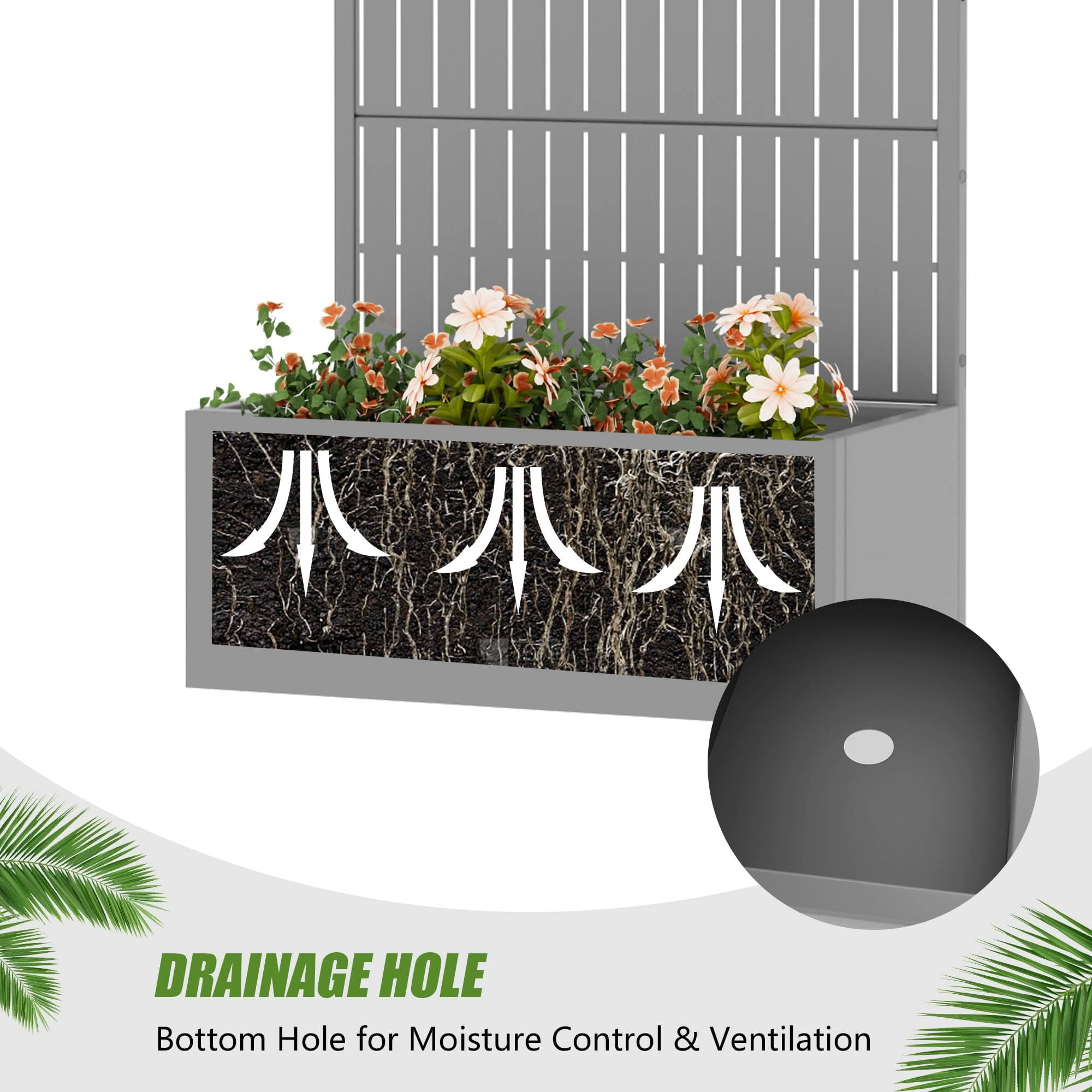 MAYEERTY 59X30" Metal Outdoor Gray Privacy Screen with Planter Box for Backyard & Garden, 4 Piece Set