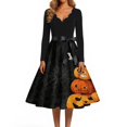 thumbnail image 4 of Halloween Dresses for Women Spider Witch Hat Long Sleeve Hepburn Cocktail Fall Dresses V Neck 1950s Casual Funny Dress with Belt 2XL, 4 of 5