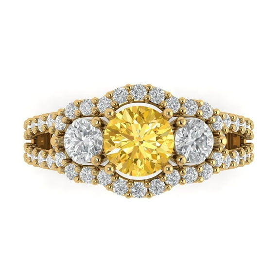 2.16 ct Round Cut Simulated Yellow Diamond 3 Stone 18K Yellow Gold Womens Engagement Ring