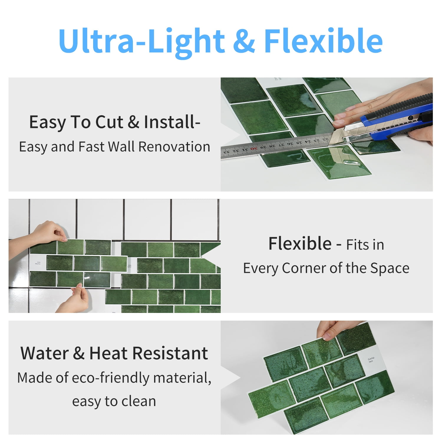 Firefly Hope 12-Sheet 6"×12" Peel and Stick Subway Tiles, Waterproof Self-Adhesive Backsplash for Kitchen & Bathroom DIY Decor, Blue Green