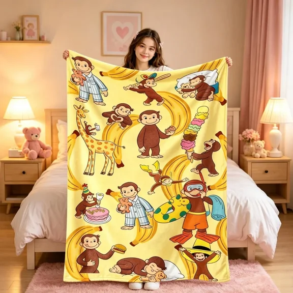 Curious George Inspired Flannel Blanket, Soft Warm Cartoon Monkey Throw Blanket, Funny Decorative Bedspread for Couch Sofa Bed, Ideal Birthday Christmas Gift