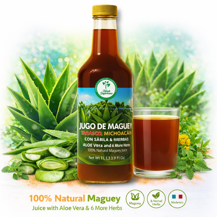 Maguey Jugo(Juice) w/ Aloe Vera & 6 Herbs (Sábila y 6 Hierbas)–1000 ml (1 L) Pure Agave Juice – 100% Artisanal, Vegan, Non-GMO–Natural Digestive Support