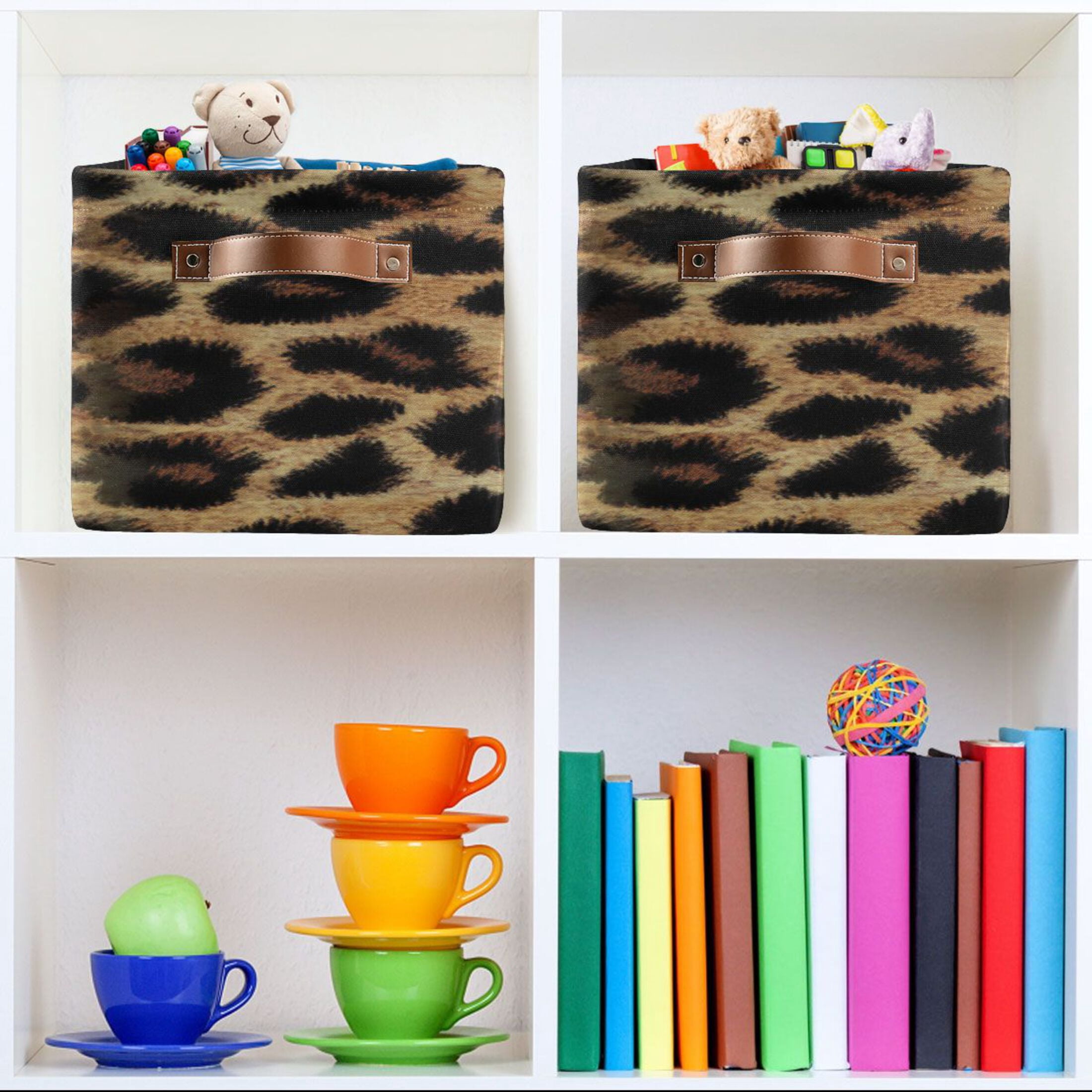 Leopard Print Fabric Texture Foldable Storage Basket,Canvas Fabric Foldable Storage Bins with Handles Open Home Storage Bins Boxes for Toy Book Shelf Closet Baskets