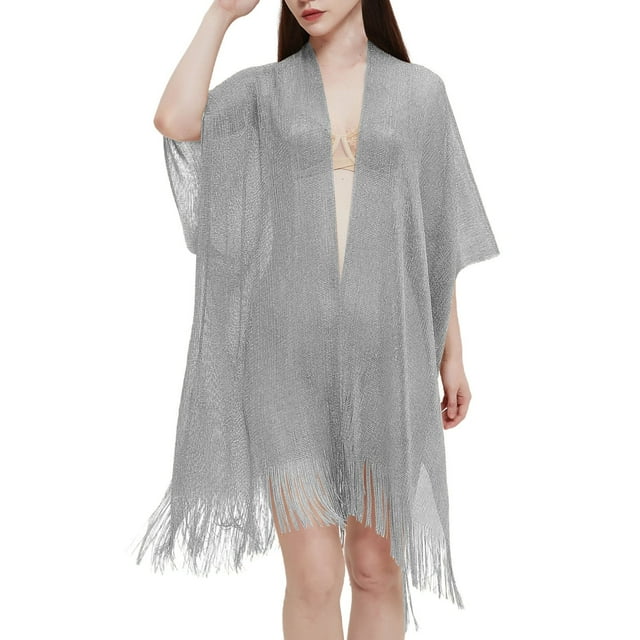 Cape à Franges Filigrane pour Femmes Couleur Unie Été Transparent Châle Fin