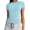 thumbnail image 4 of YDKZYMD Workout Crop Tops for Women Layering Y2k Short Sleeve Basic Tee Slim Fitted Teen Girls Crew Neck Cute Tight Shirt Trendy Juniors Summer Tops Light Blue XL, 4 of 5