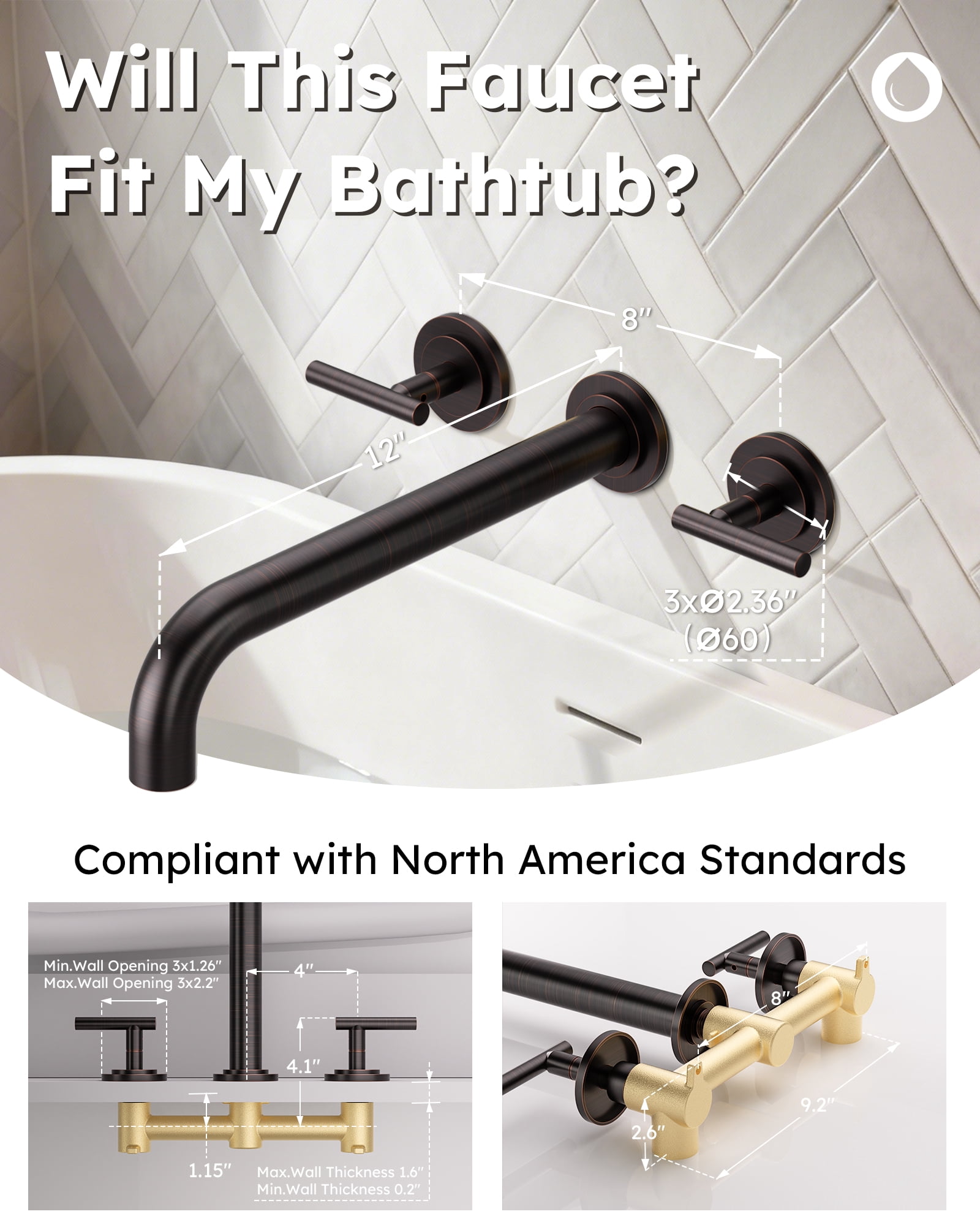 Wall Mount Tub Filler: Wowow Oil Rubbed Bronze Bathtub Faucet Long Spout Reach, Bath Tub Filler Faucet 2 Handle Wall Mounted Bathtub Faucets with Brass Rough in Valve Included Wall Mounted Tub Faucet