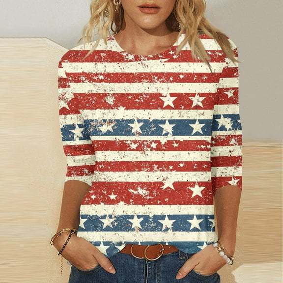 Cavosen American Flag Tops for Women Petite Independence Day 3/4 Sleeve Crew Neck T Shirts USA Flag Graphic Shirts Lady XL 4th of July Casual Shirts Red White and Blue Tunic Tees Patriotic Clothes