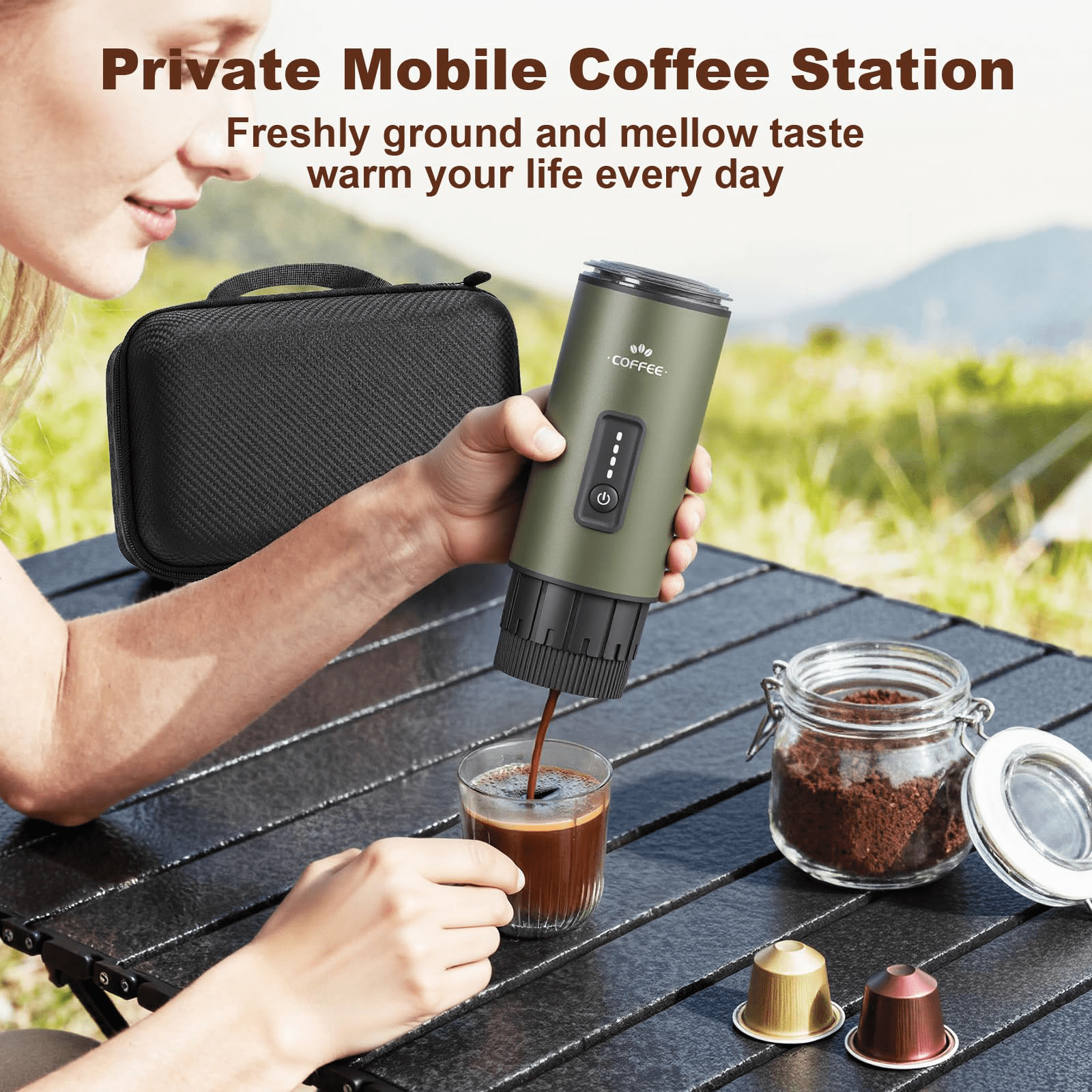 GVODE Portable Espresso Machine, Self-Heating 3-in-1 Portable Coffee Maker, 20 Bar Electric Travel Espresso Maker for Capsules & Ground Coffee, Green