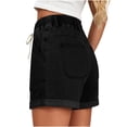 thumbnail image 5 of Miluxas Women's Jean Shorts Elastic High Waist Rolled Hem Wide Leg Denim Shorts with Drawstring & Pockets Y2K Street Jeans Beach Vacation Shorts Black, 5 of 7