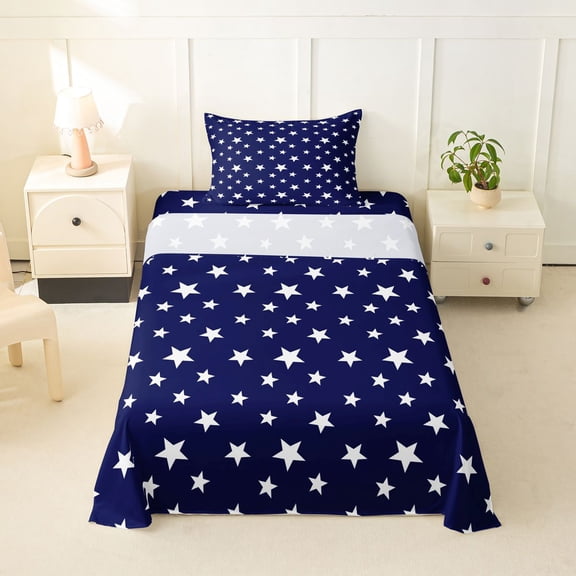 Manfei Glitter Stars Twin Sheets,Navy Blue White Bedding,3-Piece,1 Fitted Sheet and 1 Pillowcase