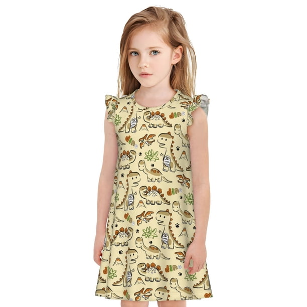 Balery Cartoon Dinosaurs Camisón de princesa para niñas, pijama de algodón con mangas abullonadas, suave y bonito.-Large