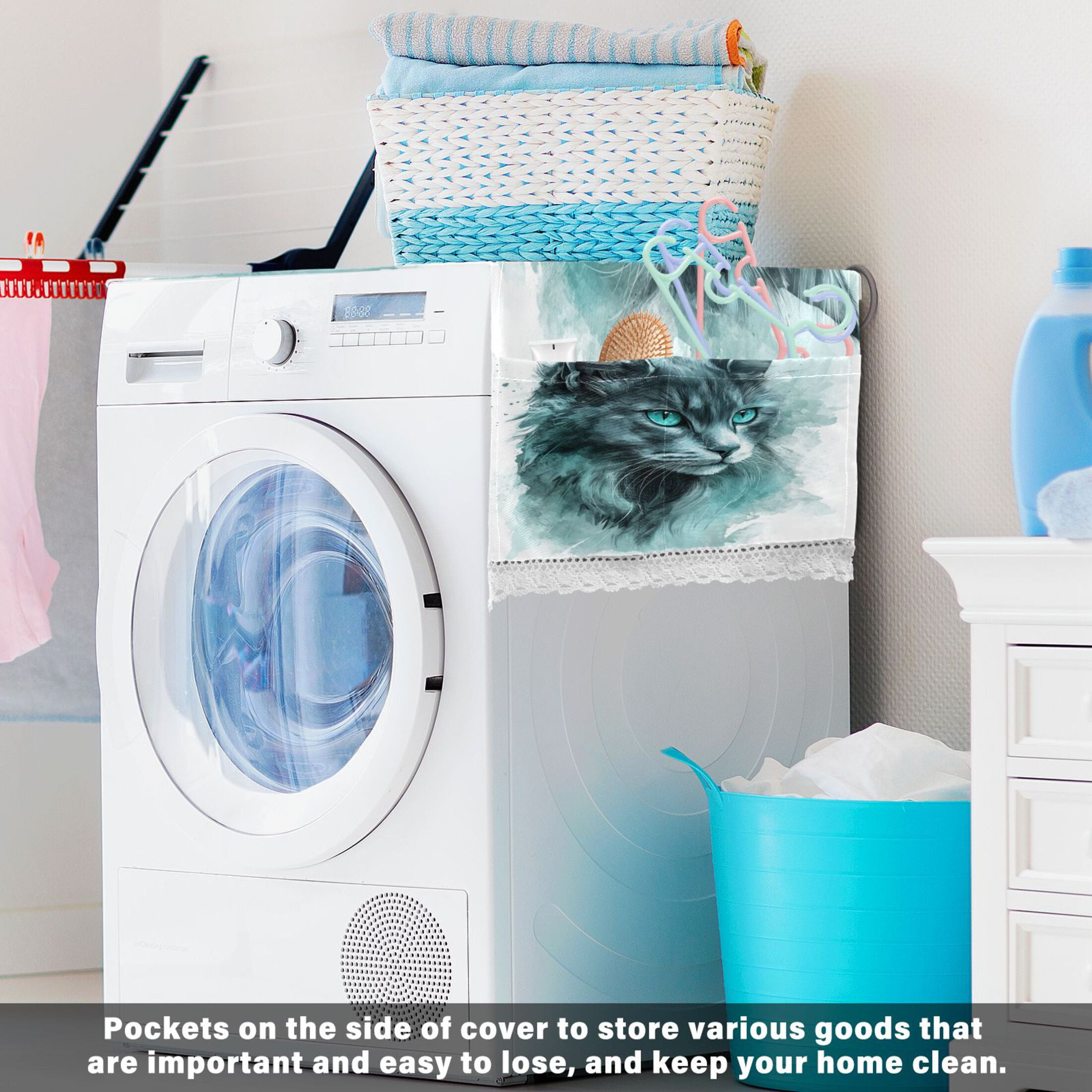 A Grey Cool CatWasher and Dryer Covers Dust-Proof and Oil Resistant Fridge Cover with 4 Storage Pockets Washing Machine Top Cover for Laundry Kitchen Home 51.2 x 22 In
