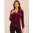 thumbnail image 4 of Camiseta de manga larga con cuello en V de terciopelo retro para mujer Borgoña S, 4 of 5
